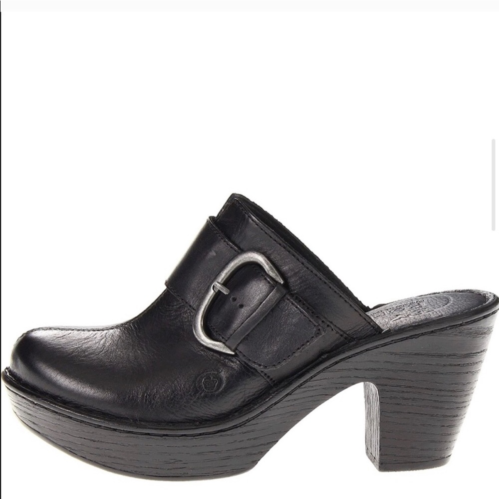 Born Ibra Black Platform Block Heel Leather Clogs